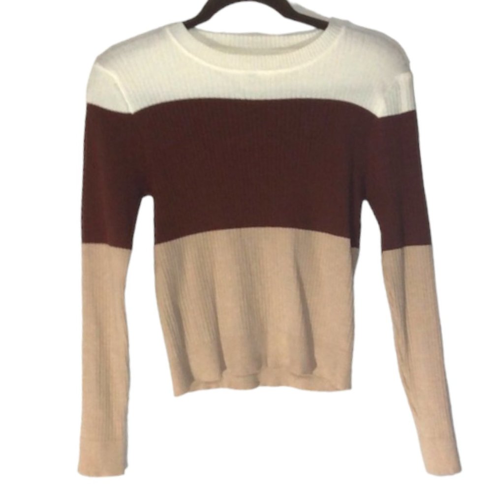 Shein Brown Cream Color Block Striped Sweater - Size S